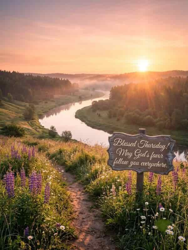 Sunrise over a misty river valley with a wooden sign reading "Blessed Thursday! May God's favor follow you everywhere" among wildflowers.