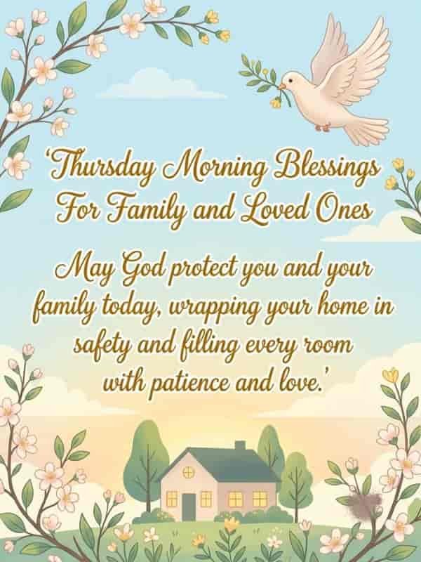 A serene Thursday morning blessing image featuring a cozy cottage nestled among green trees and blooming cherry blossoms under a soft sky with a white dove in flight. The image includes decorative typography reading "Thursday Morning Blessings For Family and Loved Ones" along with a heartful prayer asking God to protect the home in safety, patience, and love.