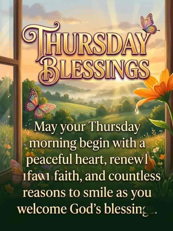 A serene morning view through an open wooden window overlooking a sunlit green landscape with colorful butterflies and flowers, featuring the text "Thursday Blessings" and a motivational blessing quote.
