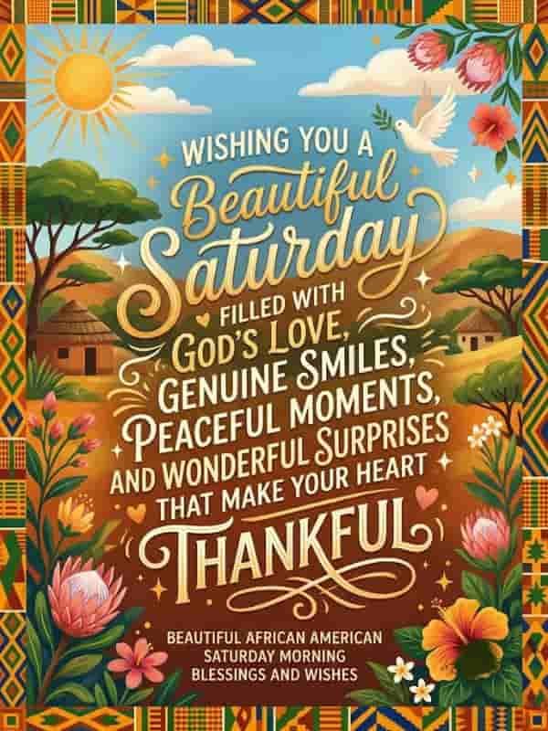 African inspired Saturday morning blessing artwork featuring vibrant floral borders, warm sunshine, and typography with a peaceful morning quote.