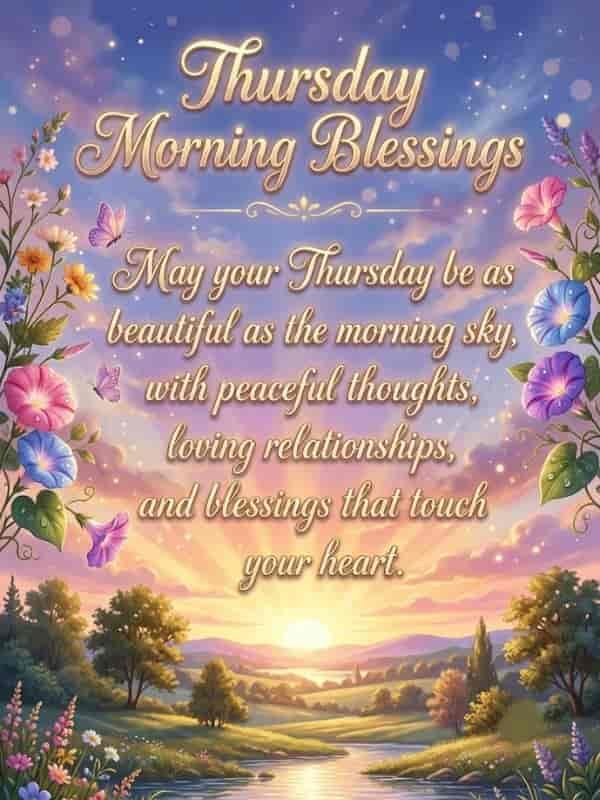 A serene morning sunrise landscape framed by colorful flowers, featuring the text "Thursday Morning Blessings: May your Thursday be as beautiful as the morning sky, with peaceful thoughts, loving relationships, and blessings that touch your heart."
