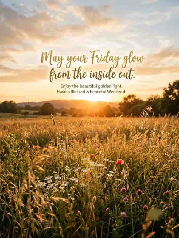 Golden hour field of tall grasses and wildflowers bathed in soft sunlight, featuring the overlay text "May your Friday glow from the inside out".