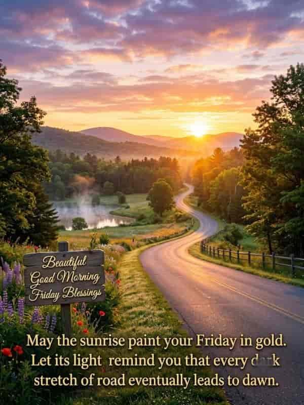A scenic winding road bathed in golden morning light during a sunrise, featuring a wooden sign with "Beautiful Good Morning Friday Blessings" and the inspirational quote "May the sunrise paint your Friday in gold. Let its light remind you that every dark stretch of road eventually leads to dawn."