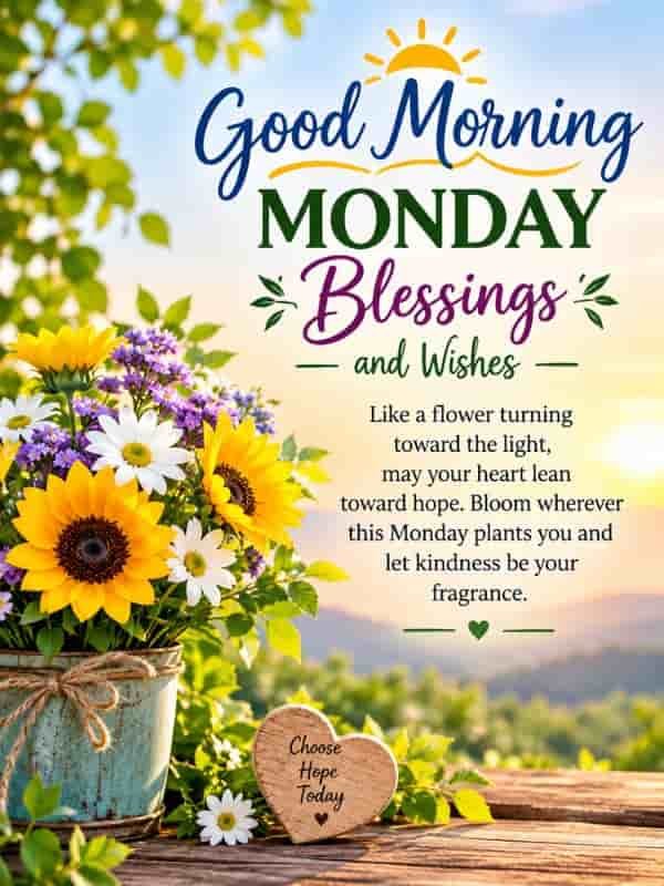 Beautiful Good Morning Monday blessings and wishes with colorful flowers and an inspirational message about hope, kindness, and blooming wherever life takes you.
