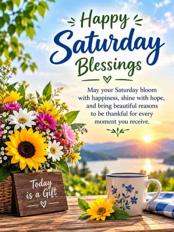 Happy Saturday blessings image with colorful flowers, a beautiful sunrise, and an uplifting message of happiness, hope, and gratitude.