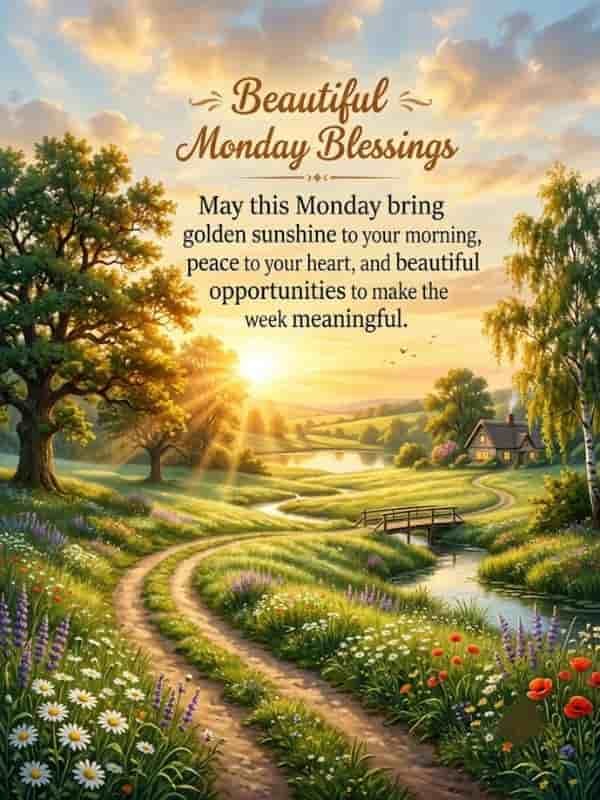 A serene morning landscape featuring a golden sunrise over a wildflower-lined dirt path and river, with the text "Beautiful Monday Blessings" and an inspirational blessing quote written above.