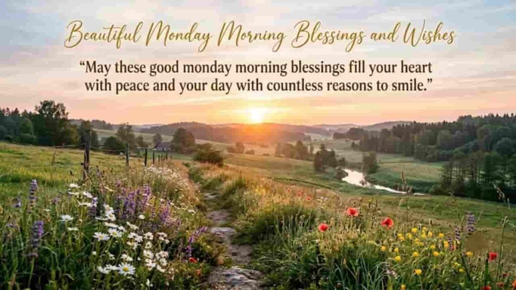 A serene morning countryside landscape featuring blooming wildflowers, rolling green hills, and a gentle sunrise, overlayed with the text "Beautiful Monday Morning Blessings and Wishes" and the quote "May these good monday morning blessings fill your heart with peace and your day with countless reasons to smile."