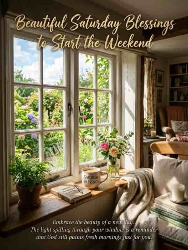 Sunlit rustic window with golden morning light spilling onto a sill featuring a cozy coffee mug, fresh garden flowers, and books, framing a lush blooming garden outside with inspiring weekend text.