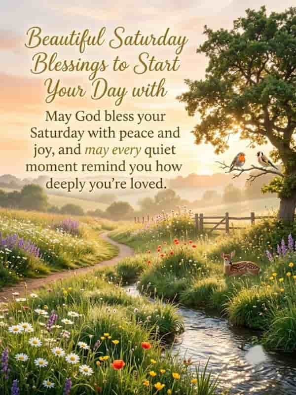 A serene morning landscape with wildflowers, a winding path, a gentle stream, and a small fawn, featuring the text "Beautiful Saturday Blessings to Start Your Day with".