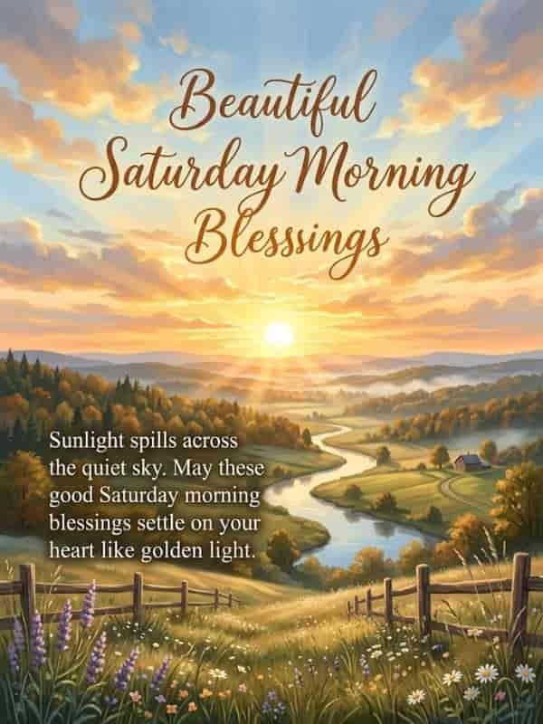 A serene sunrise landscape featuring golden sunlight spilling over rolling hills and a winding river, with glowing typography that reads "Beautiful Saturday Morning Blessings" and a uplifting verse.