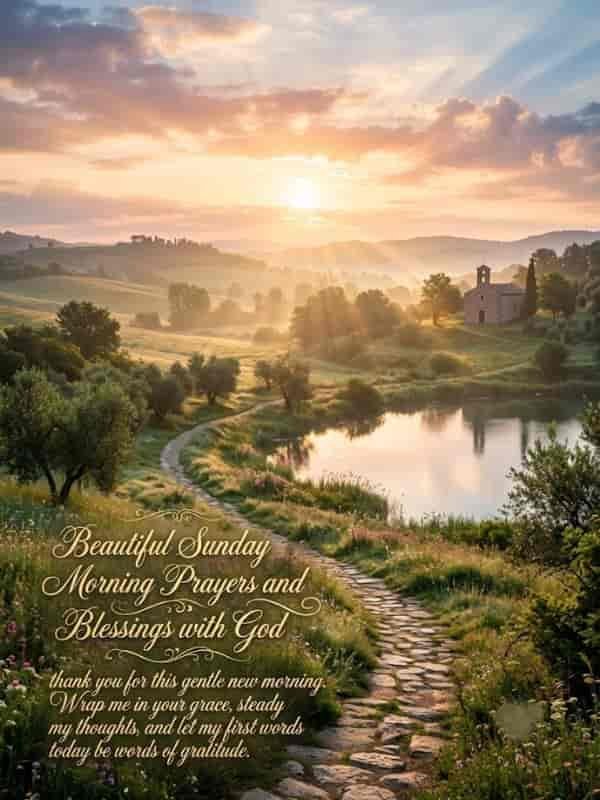 Sunlit morning landscape featuring a stone path winding toward a serene lake and distant chapel, with overlay text reading a Sunday prayer and blessing.