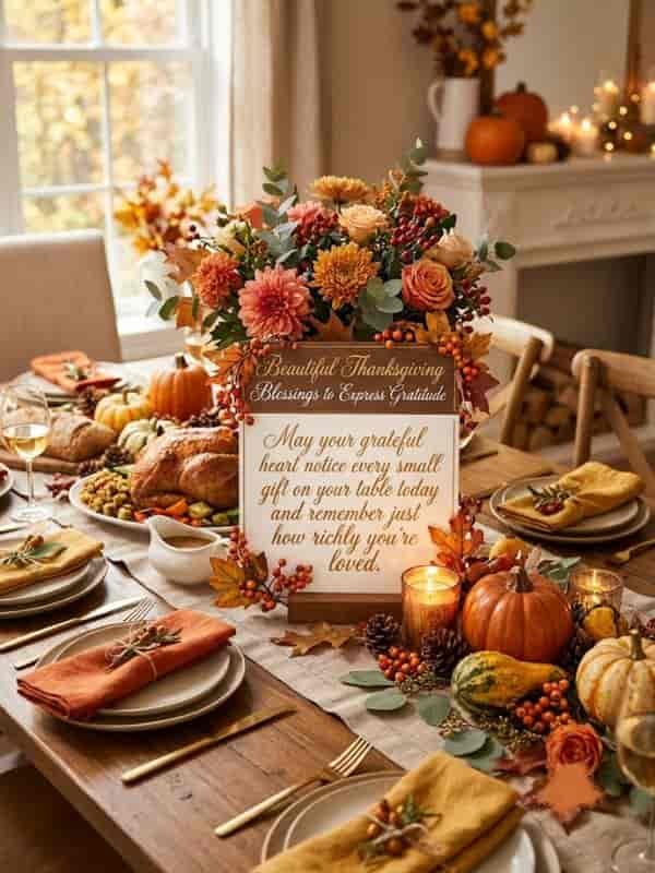 A decorated Thanksgiving dining table with autumn florals, candles, pumpkins, and a wooden sign reading, "Beautiful Thanksgiving Blessings to Express Gratitude: May your grateful heart notice every small gift on your table today and remember just how richly you're loved."