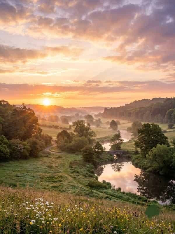 A serene sunrise over a misty countryside valley with a winding river, lush green hills, soft golden sunlight, and colorful wildflowers in the foreground.
