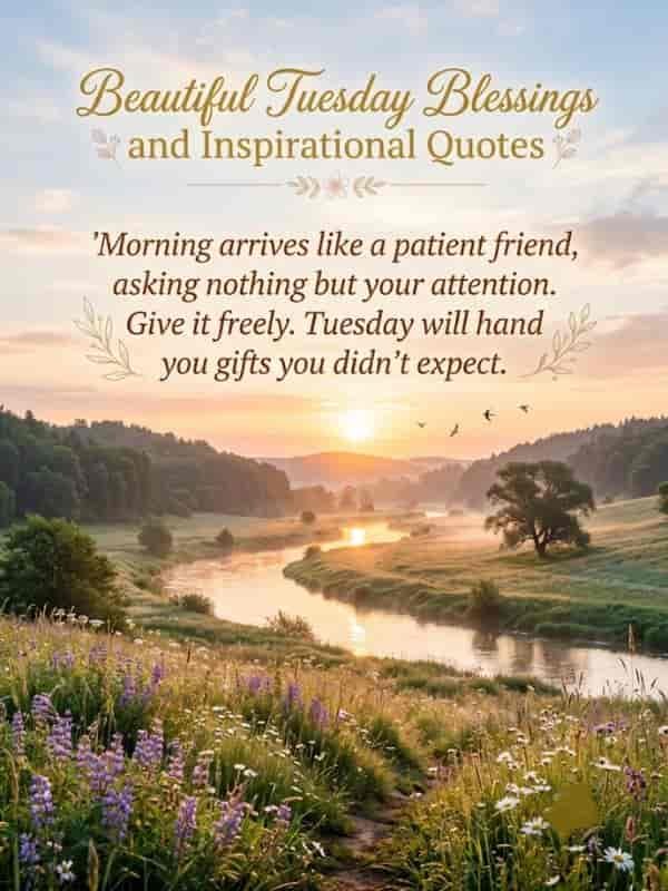Beautiful Tuesday blessings graphic featuring a serene sunrise over a winding river, wildflower field, and an inspirational quote about morning arriving like a patient friend.