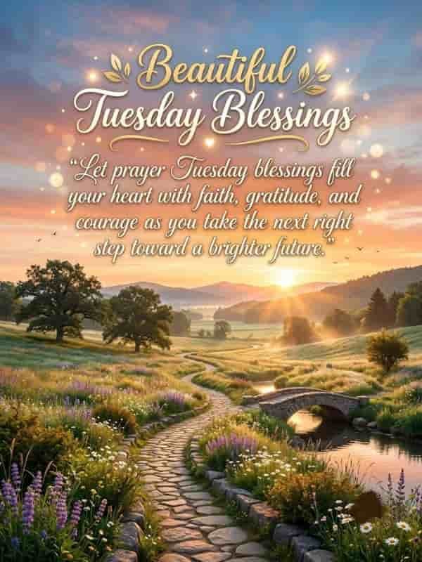 A scenic sunrise landscape featuring a winding stone pathway leading through a lush meadow toward distant mountains, accompanied by the text "Beautiful Tuesday Blessings" and an inspirational quote.