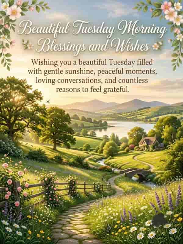A serene morning landscape with a cobblestone path through blooming wildflowers, featuring the text "Beautiful Tuesday Morning Blessings and Wishes".