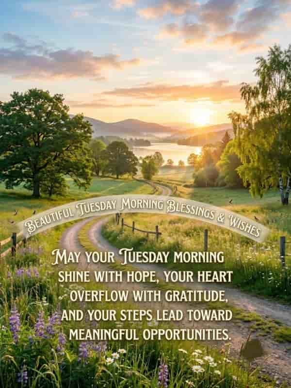 A scenic morning landscape featuring a dirt path winding through green fields under a glowing sunrise, with the text "Beautiful Tuesday Morning Blessings & Wishes: May your Tuesday morning shine with hope, your heart overflow with gratitude, and your steps lead toward meaningful opportunities."