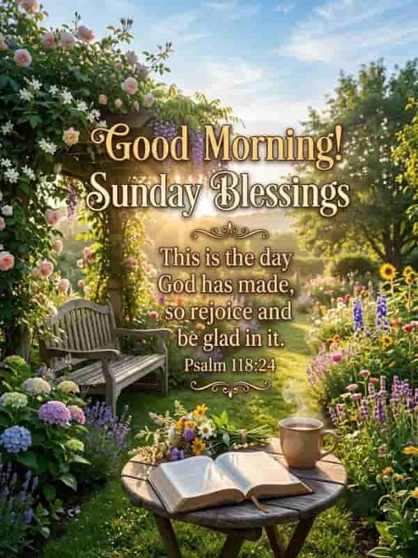 A serene morning garden featuring an open Bible, a bouquet of wildflowers, and a steaming mug of coffee on a small wooden table. Sunlight filters through colorful blooming flowers and a wooden arbor with a cozy bench in the background. Overlay text reads: "Good Morning! Sunday Blessings" and "This is the day God has made, so rejoice and be glad in it. Psalm 118:24".