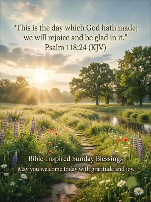A peaceful Sunday morning landscape featuring a stone path through a sunlit flower meadow along a stream, overlaid with the scripture Psalm 118:24 and a Sunday blessing message.