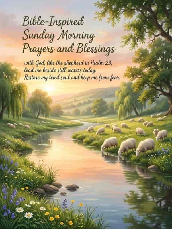 A calm Sunday morning scene of a serene river winding through lush green pastures with sheep grazing along the grassy banks under a gentle sunrise, featuring overlay text with Bible-inspired prayers and blessings from Psalm 23.