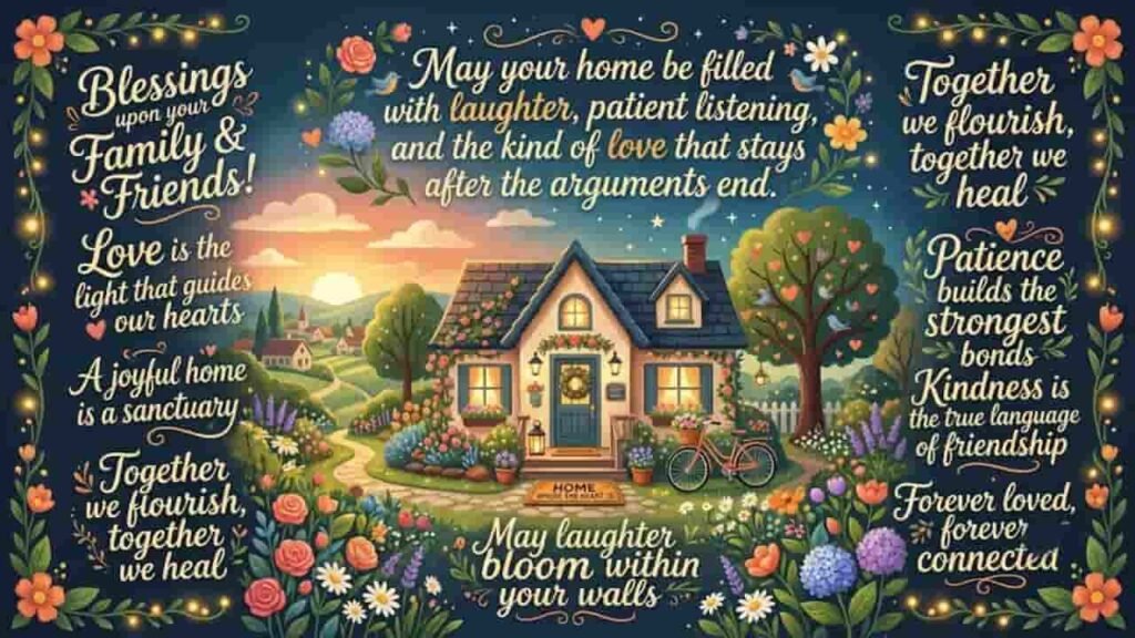 Ilustración de estilo vintage a pantalla ancha (16:9) con una acogedora casa de campo rodeada de un frondoso jardín florecido y un paisaje al atardecer, decorada con caligrafía artística de bendiciones y frases sobre el amor, la familia y la amistad en inglés.