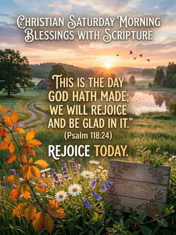A tranquil morning landscape with text reading "Christian Saturday Morning Blessings With Scripture," "This is the day God hath made; we will rejoice and be glad in it." (Psalm 118:24), and "REJOICE TODAY." set against a scenic sunrise over a misty lake, countryside fields, and colorful wildflowers.