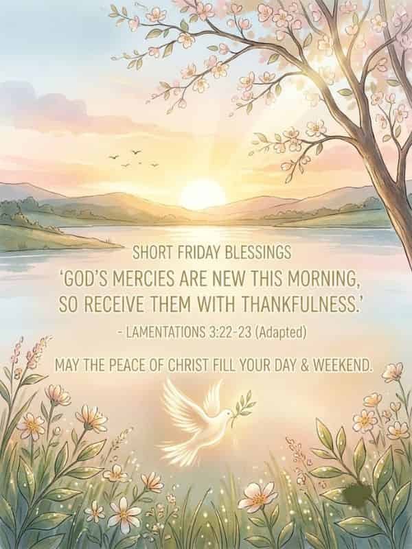 A sunrise over a tranquil lake with flowering cherry blossom branches, wild meadow flowers, a glowing white dove carrying an olive branch, and the Christian quote: "God's mercies are new this morning, so receive them with thankfulness".