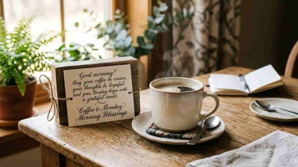 Steaming cup of coffee on a wooden table next to a card reading "Good morning! May your coffee be warm, your thoughts be hopeful, and your Monday begin with a grateful smile."
