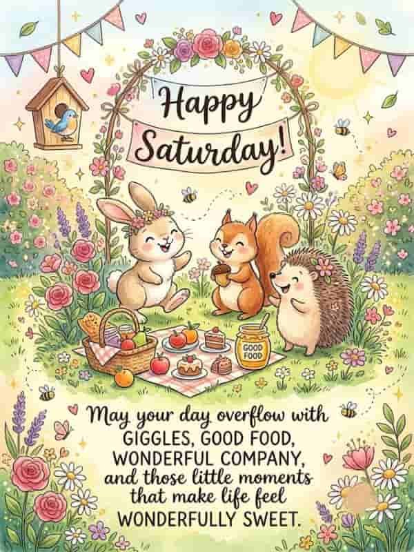 Cute watercolor illustration of cheerful woodland animals having a picnic in a flower garden, featuring the text "Happy Saturday! May your day overflow with giggles, good food, wonderful company, and those little moments that make life feel wonderfully sweet."