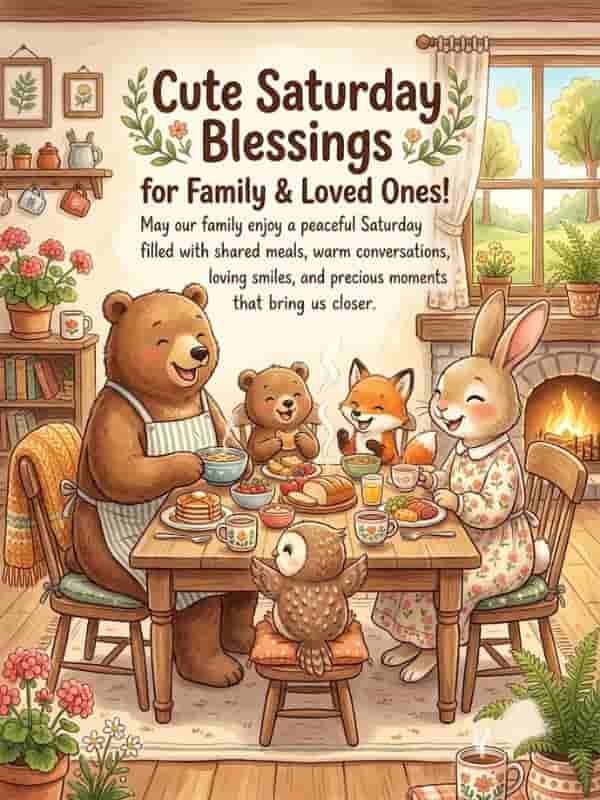 Cute forest animal family sitting together around a wooden dining table enjoying a cozy meal, with warm Saturday blessings text above.