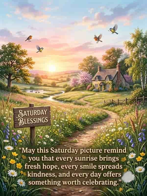 A charming morning countryside scene featuring a wooden sign with "Saturday Blessings" surrounded by vibrant wildflowers, cheerful singing birds, and a cozy cottage under a warm sunrise, overlayed with an inspirational quote about hope and kindness.