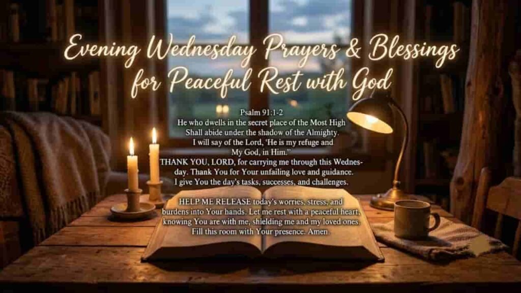 An open Bible on a cozy wooden table illuminated by warm candles and a desk lamp, featuring text overlay for a Wednesday evening prayer and Psalm 91:1–2.
