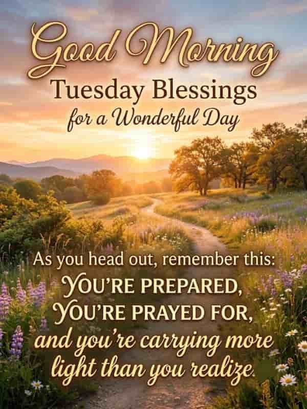Good Morning Tuesday Blessings image featuring an uplifting quote over a sunny rural pathway with wildflowers and golden morning sunlight.