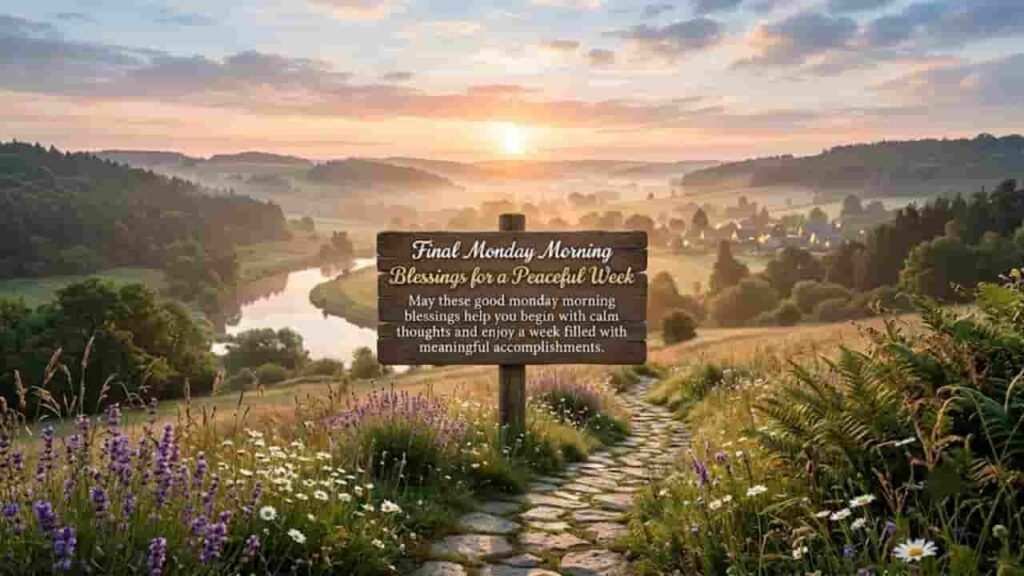 A peaceful morning landscape featuring a stone path through a meadow of lavender and wildflowers, leading toward a winding river at sunrise with the text "Final Monday Morning Blessings for a Peaceful Week" written on a wooden signpost.