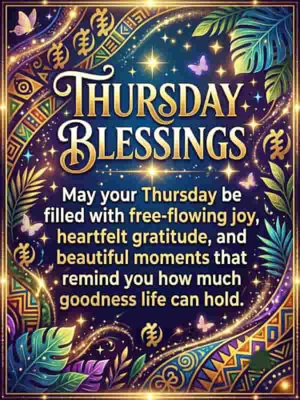 An vibrant African American Thursday blessings graphic featuring rich kente-inspired patterns, tropical leaves, fluttering butterflies, and shimmering golden sparkles set against a deep blue background with the message: "Thursday Blessings - May your Thursday be filled with free-flowing joy, heartfelt gratitude, and beautiful moments that remind you how much goodness life can hold."