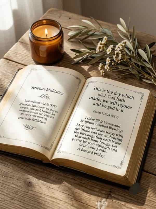 An open Bible on a rustic wooden table displaying Psalm 118:24 and Lamentations 3:22-23 with Friday blessings, lit by a glowing candle and olive branch under natural sunlight.