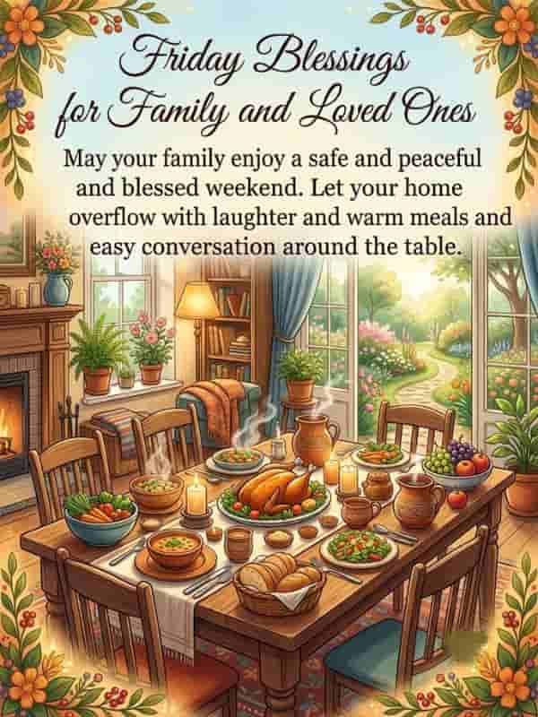 An cozy dining room setting featuring a dining table set with steaming warm meals, candles, and fresh produce, looking out onto a sunlit garden, designed as a Friday blessings card without human figures or religious crosses.