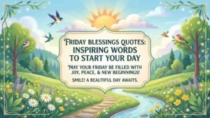 An illustrated morning landscape featuring a bright sun, a winding river, and a stone path flanked by lush green hills, trees, and blooming flowers. Center stage is an elegant decorative frame containing the text: "Friday Blessings Quotes: Inspiring Words to Start Your Day," followed by positive blessing quotes.