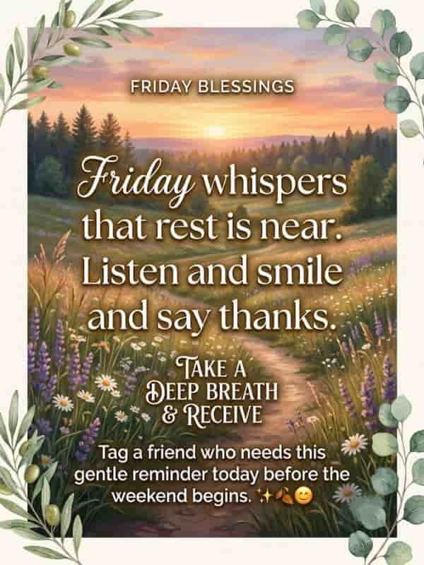 A serene watercolor landscape at sunset featuring a winding path through a meadow of wildflowers and tall grass, surrounded by lush green trees and soft pastel skies. Prominent typography displays the quote: "FRIDAY BLESSINGS: Friday whispers that rest is near. Listen and smile and say thanks. Take a deep breath & receive. Tag a friend who needs this gentle reminder today before the weekend begins." The image is framed with delicate eucalyptus and olive leaf foliage.
