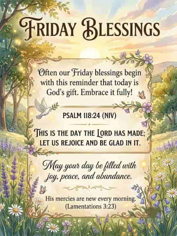 An inspirational Friday Blessings graphic featuring Psalm 118:24 and Lamentations 3:23 on an ornate scroll card set against a soft watercolor sunrise and a lush wildflower meadow.