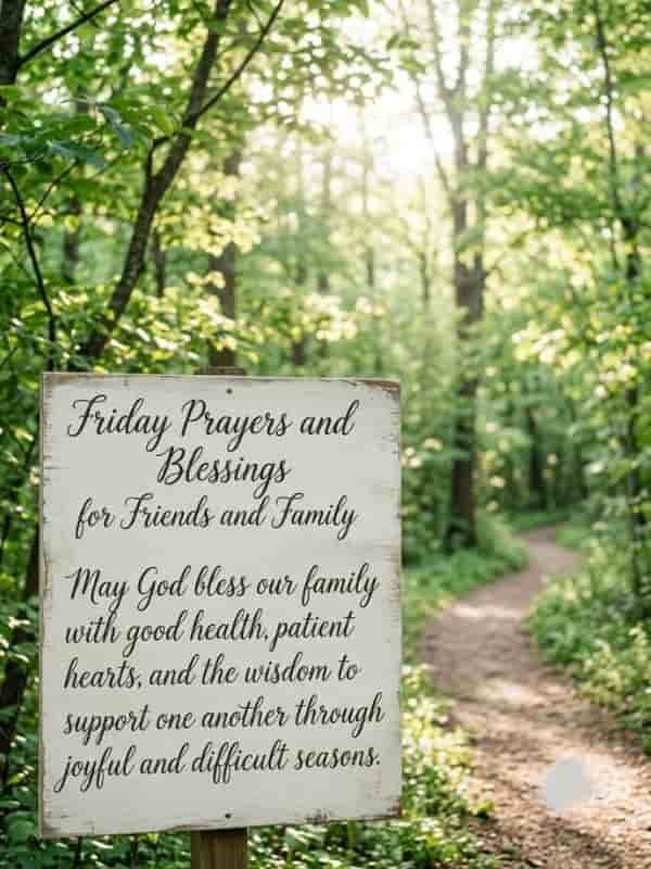 A wooden sign on a dirt path through a lush green forest reading, "Friday Prayers and Blessings for Friends and Family: May God bless our family with good health, patient hearts, and the wisdom to support one another through joyful and difficult seasons."