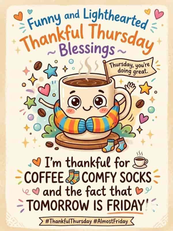 A cheerful vector illustration with handwritten text reading "Funny and Lighthearted Thankful Thursday Blessings." In the center, an adorable, smiling coffee mug wrapped in cozy colorful striped socks holds a small flag that reads "Thursday, you're doing great." Below, text declares, "I'm thankful for COFFEE, COMFY SOCKS, and the fact that TOMORROW IS FRIDAY!" surrounded by colorful hearts, stars, and coffee beans.