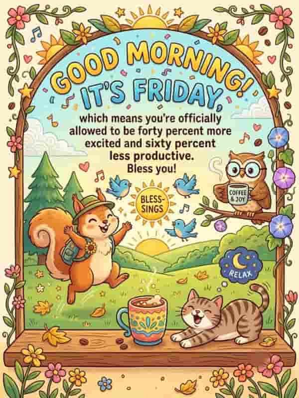 A joyful Friday morning blessing illustration featuring cute animals in a sunlit meadow with flowers, coffee, and bold text that reads: "GOOD MORNING! IT'S FRIDAY, which means you're officially allowed to be forty percent more excited and sixty percent less productive. Bless you!"