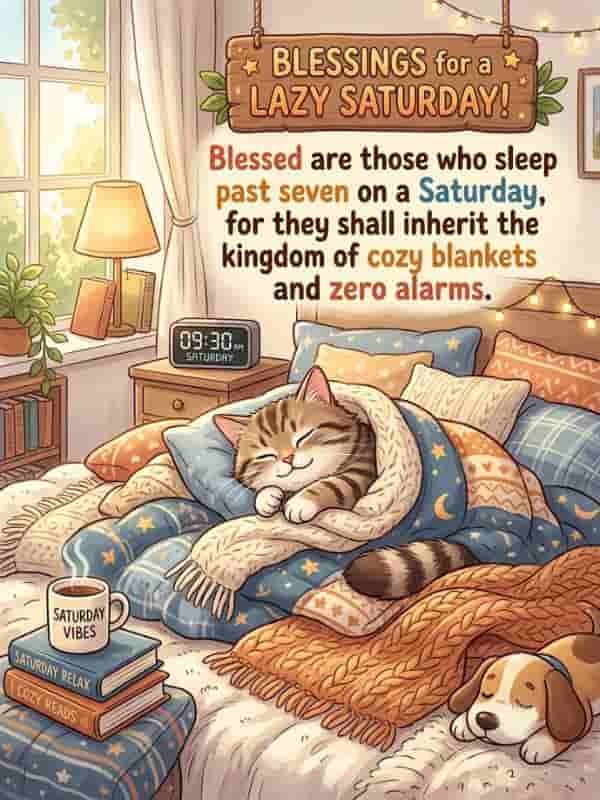 Cozy Saturday illustration featuring a cute sleeping cat and dog wrapped in warm blankets on a soft bed, surrounded by a steaming mug, books, and a digital clock displaying 9:30 AM. Hanging above is a wooden sign reading "Blessings for a LAZY SATURDAY!" along with the quote: "Blessed are those who sleep past seven on a Saturday, for they shall inherit the kingdom of cozy blankets and zero alarms."