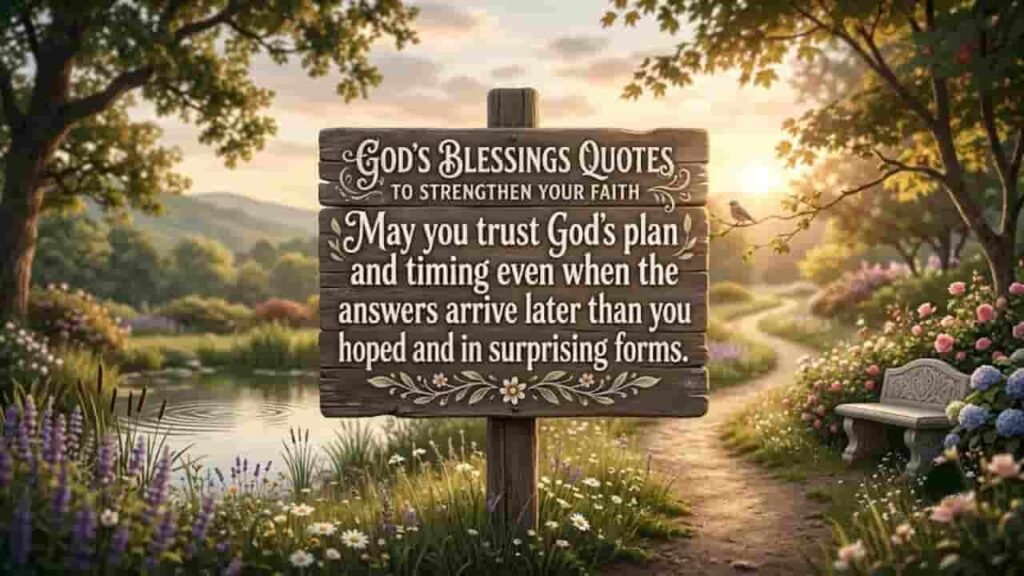 Rustic wooden sign in a garden path featuring the quote "God's Blessings Quotes to Strengthen Your Faith: May you trust God's plan and timing even when the answers arrive later than you hoped and in surprising forms."