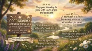 A serene morning landscape with a wooden sign reading "Good Monday Morning Blessings: 125 Prayers, Quotes & Wishes" surrounded by flowers, rolling hills, and uplifting morning quotes.