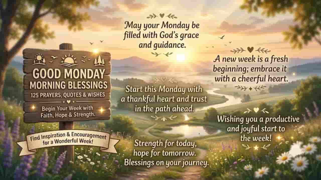A serene morning landscape with a wooden sign reading "Good Monday Morning Blessings: 125 Prayers, Quotes & Wishes" surrounded by flowers, rolling hills, and uplifting morning quotes.