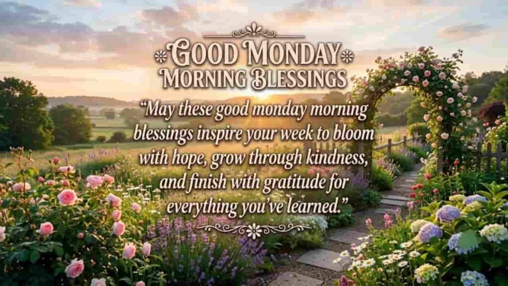 Beautiful Monday morning garden landscape at sunrise featuring blooming flowers, a stone path, and an archway, overlaid with the quote: “May these good monday morning blessings inspire your week to bloom with hope, grow through kindness, and finish with gratitude for everything you've learned.”