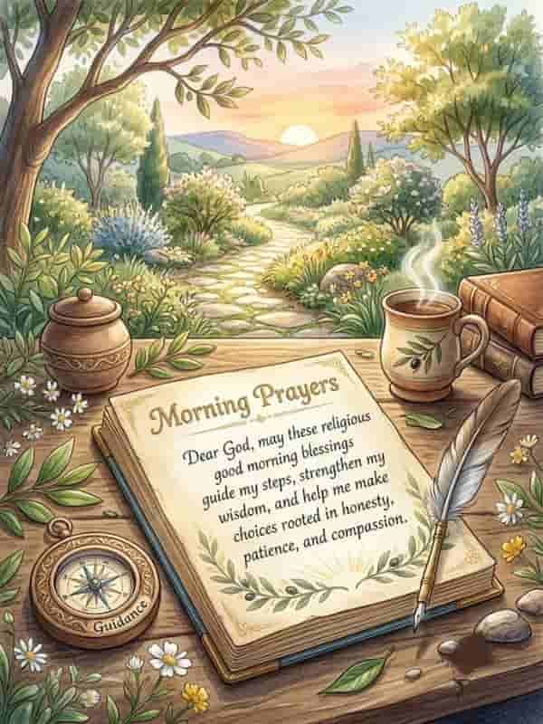 An open journal resting on a rustic wooden table featuring the text "Morning Prayers" and a prayer asking God for guidance, wisdom, honesty, patience, and compassion. Next to the journal are a vintage compass labeled "Guidance," a quill pen, stacked books, and a steaming mug, set against a scenic watercolor backdrop of a sunrise path through a blooming garden.