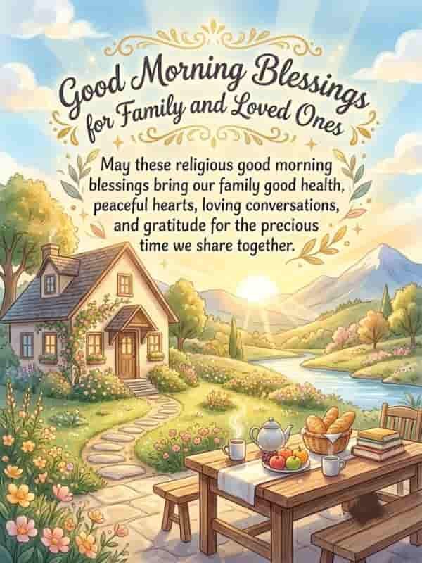 Illustrated morning scene with a cozy cottage, outdoor breakfast table, sunrise, and religious good morning blessings for family and loved ones.